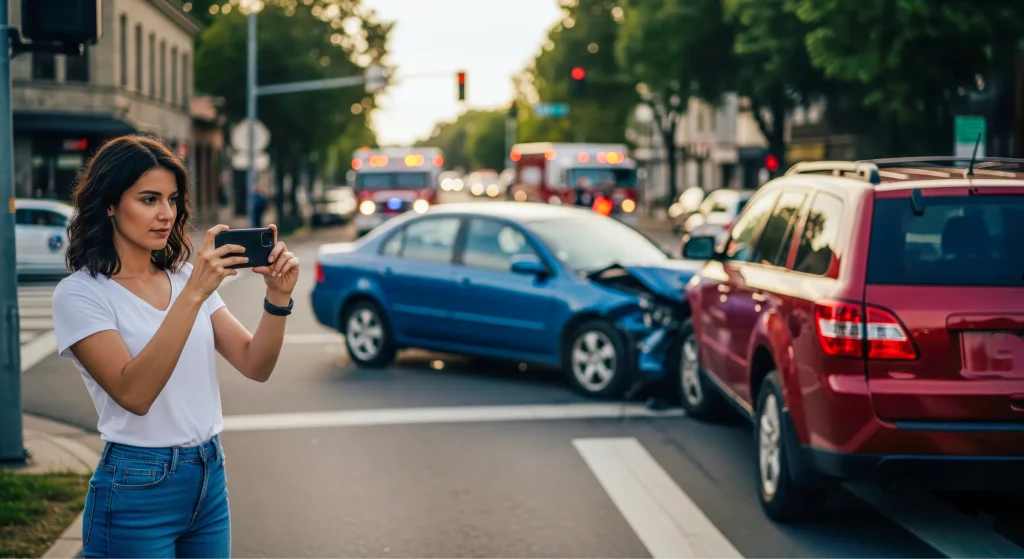 womangraphing car accident on busy street free photo 1